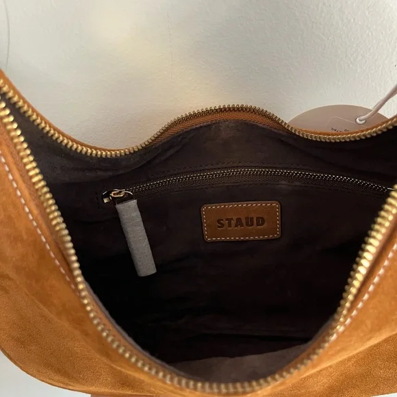 STAUD Cognac Suede Shoulder Bag with Gold Hardware - Picture 4 of 6